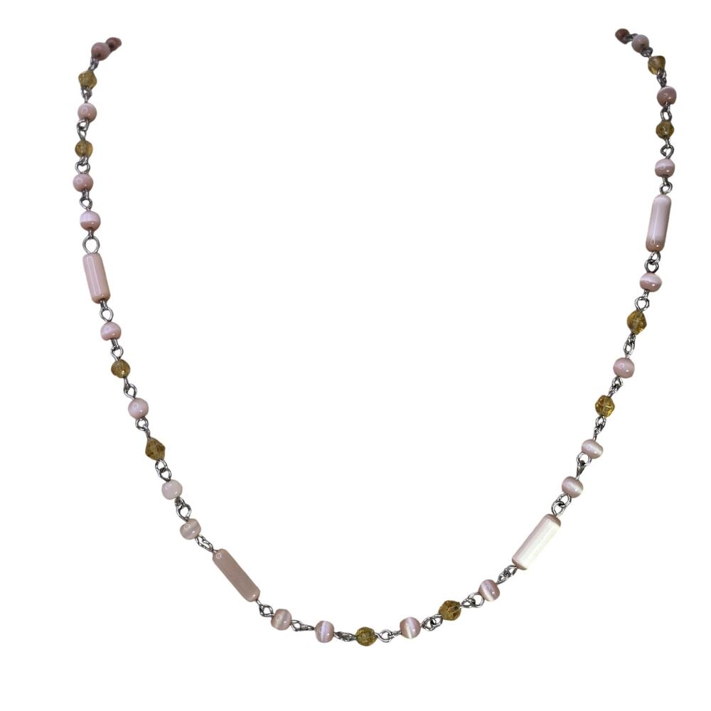 Vintage Necklace Pale Pink Peach on Silver Tone Chain 24 Inch